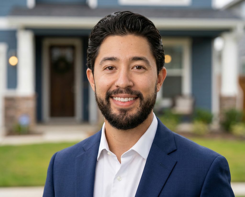 picture of a man smiling in front of huouse